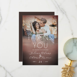Stylish Watercolor Rose Gold Photo Wedding Thank You Card