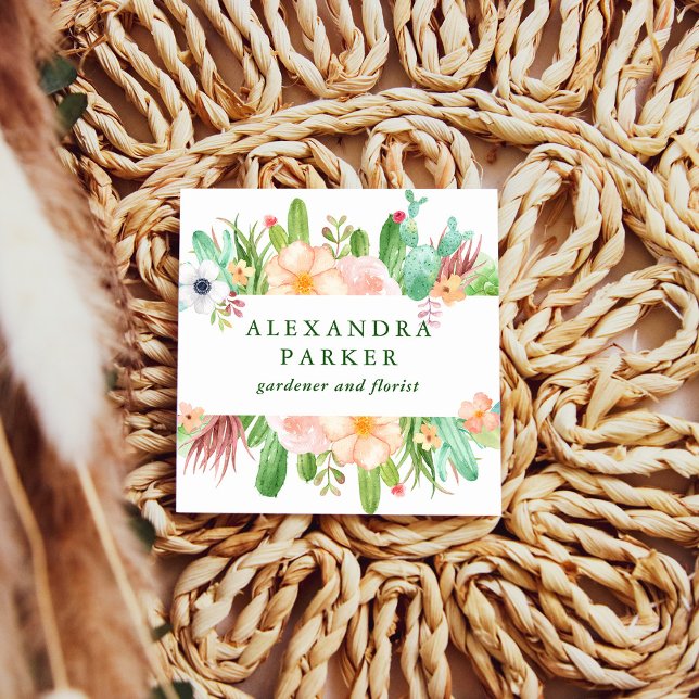Stylish Watercolor Succulent Flowers Square Business Card (Creator Uploaded)
