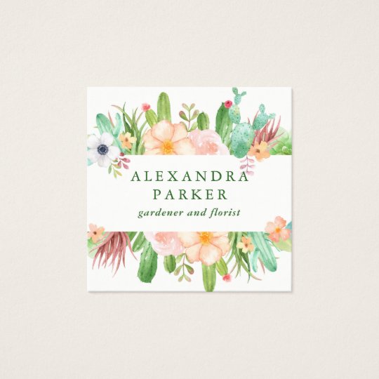 Stylish Watercolor Succulent Flowers Square Business Card