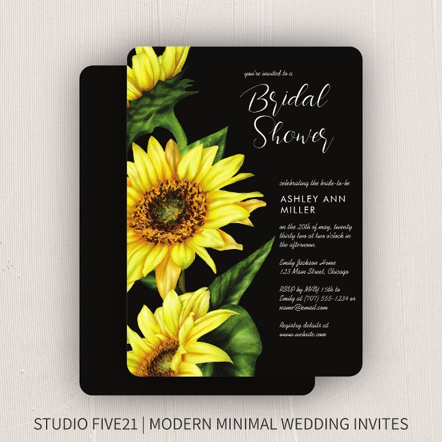 Stylish Watercolor Sunflower Black Wedding Shower Invitation (Creator Uploaded)