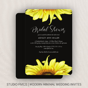 Stylish Watercolor Sunflower Black Wedding Shower Invitation
