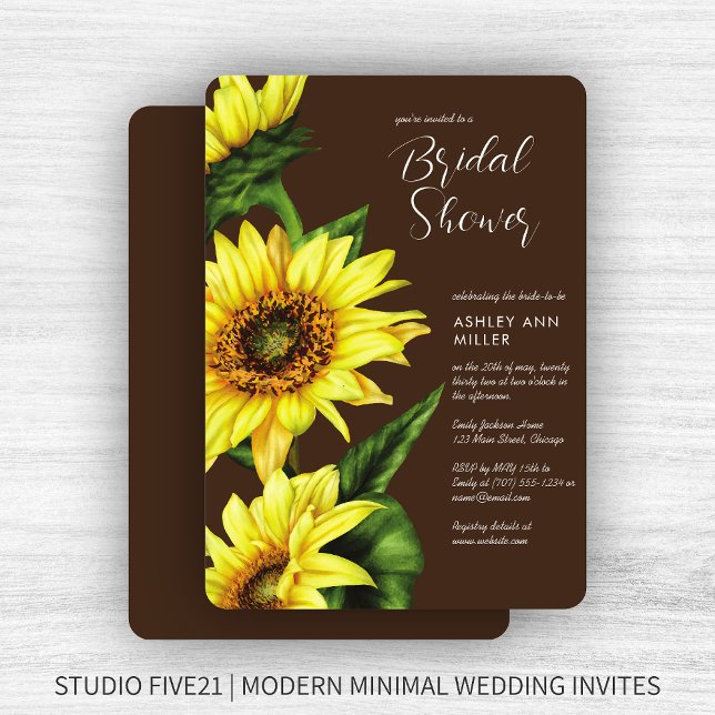 Stylish Watercolor Sunflower Brown Wedding Shower Invitation (Creator Uploaded)