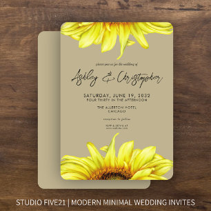 Stylish Watercolor Sunflower Khaki Wedding Invitation