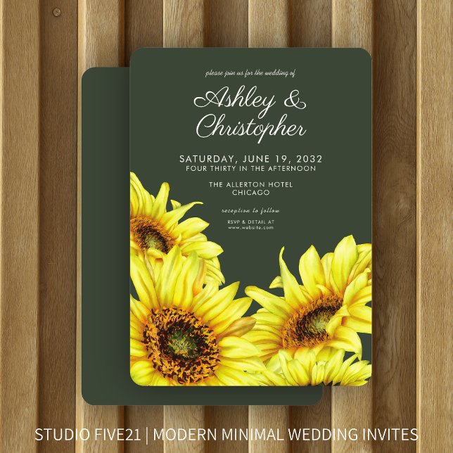 Stylish Watercolor Sunflower Moss Green Wedding Invitation (Creator Uploaded)
