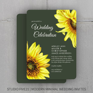 Stylish Watercolor Sunflower Moss Green Wedding Invitation