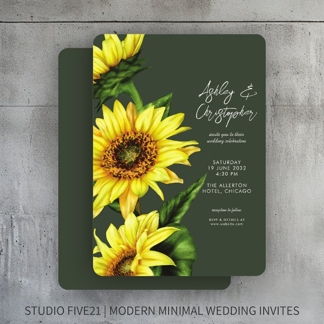 Stylish Watercolor Sunflower Moss Green Wedding Invitation (Creator Uploaded)