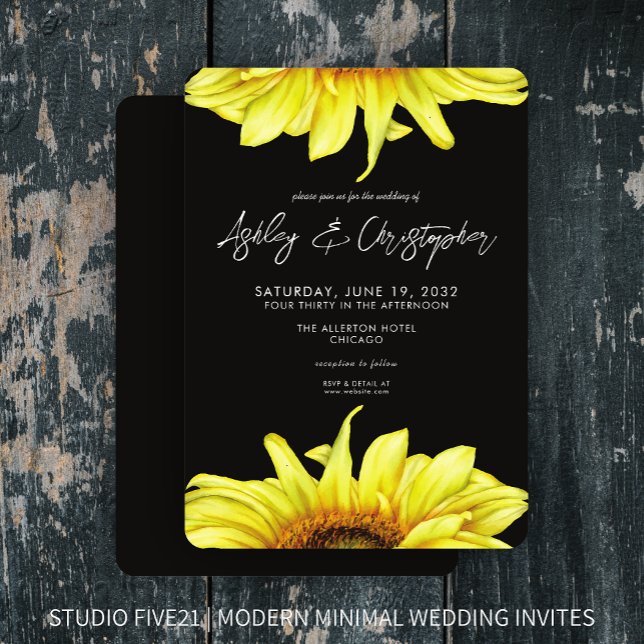 Stylish Watercolor Sunflower Smoke Black Wedding Invitation (Creator Uploaded)