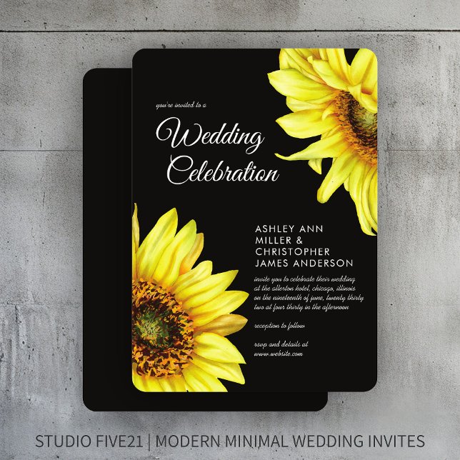 Stylish Watercolor Sunflower Smoke Black Wedding Invitation (Creator Uploaded)