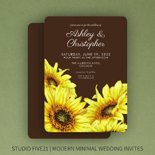 Stylish Watercolor Sunflower Walnut Brown Wedding Invitation