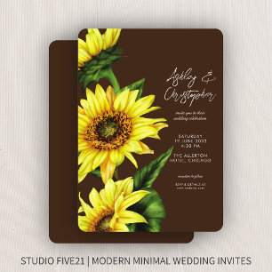 Stylish Watercolor Sunflower Walnut Brown Wedding Invitation