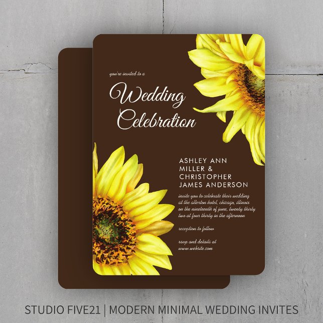 Stylish Watercolor Sunflower Walnut Brown Wedding Invitation (Creator Uploaded)