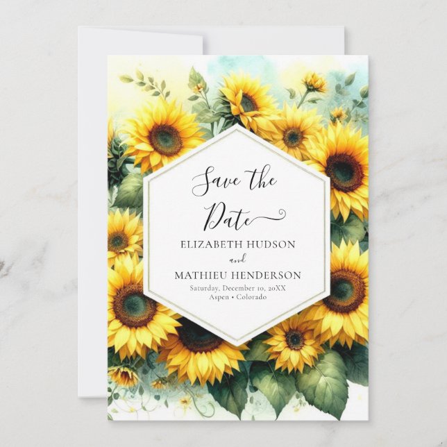 Stylish Watercolor Sunflower Wedding Save The Date (Front)