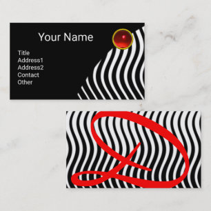 STYLISH WAVES BLACK WHITE Red Ruby Monogram Business Card
