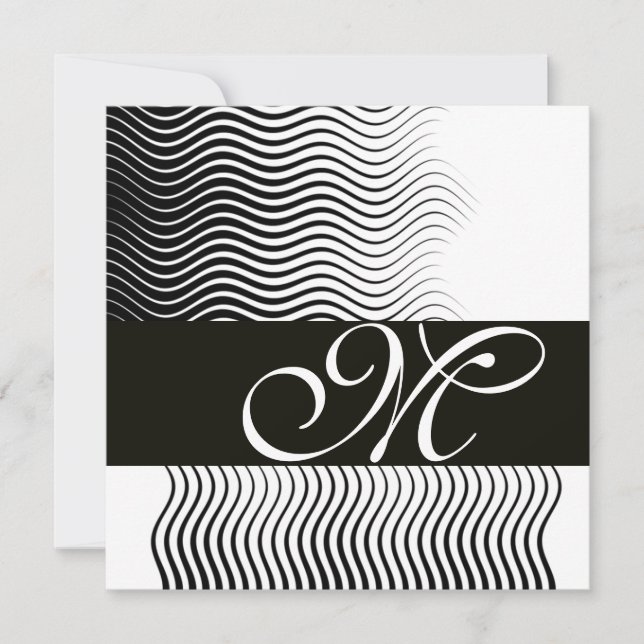 STYLISH WAVES MONOGRAM, black and white Invitation (Front)