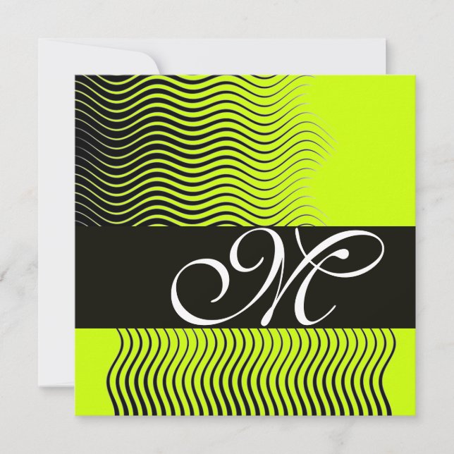 STYLISH WAVES MONOGRAM, black and white,yellow Invitation (Front)
