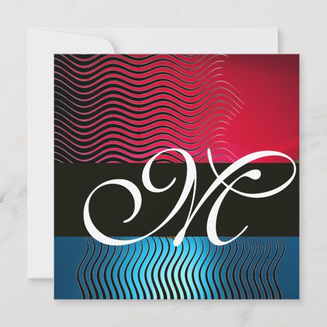 STYLISH WAVES MONOGRAM,Blue Sapphire,Red Burgundy Invitation (Front)