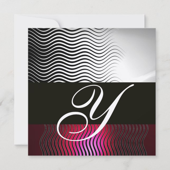 STYLISH WAVES MONOGRAM, Gold Red Ruby Burgundy Invitation (Front)