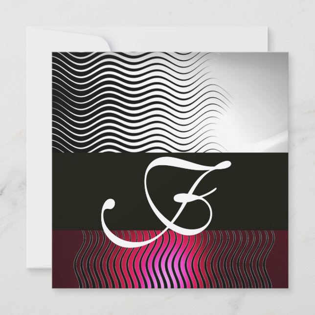 STYLISH WAVES MONOGRAM, Silver Red Ruby Burgundy Invitation (Front)