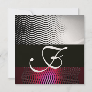 STYLISH WAVES MONOGRAM, Silver Red Ruby Burgundy Invitation