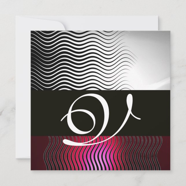 STYLISH WAVES MONOGRAM,White Red Ruby Burgundy Invitation (Front)