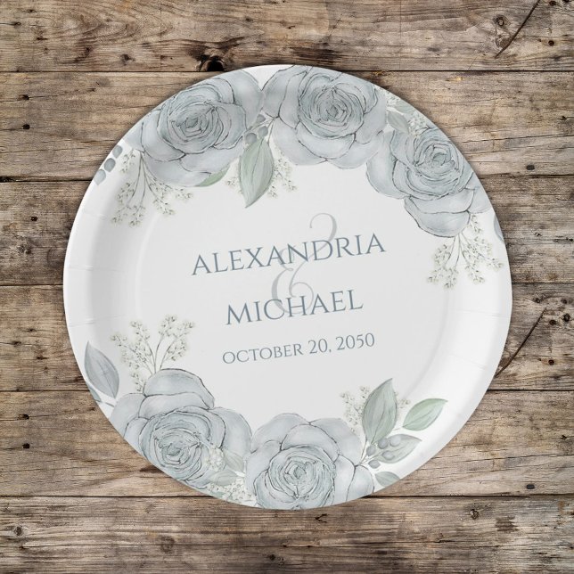 Stylish Wedding Dusty Blue Floral Rose Flowers Paper Plate (Creator Uploaded)