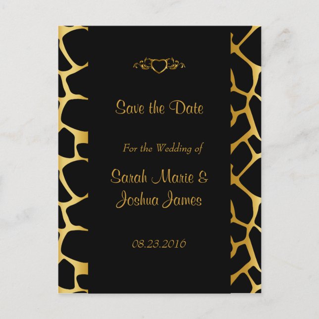 Stylish Wedding in Gold & Black Giraffe Pattern Announcement Postcard (Front)