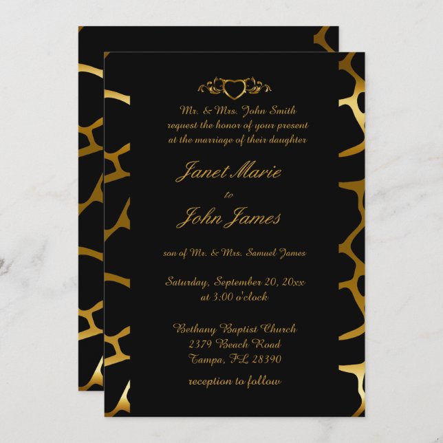 Stylish Wedding in Gold & Black Giraffe Pattern Invitation (Front/Back)