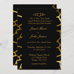Stylish Wedding in Gold & Black Giraffe Pattern Invitation
