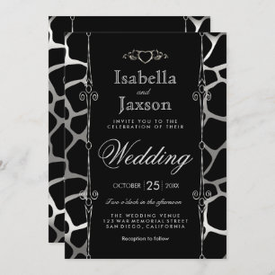 Stylish Wedding in Silver & Black Giraffe Pattern Invitation