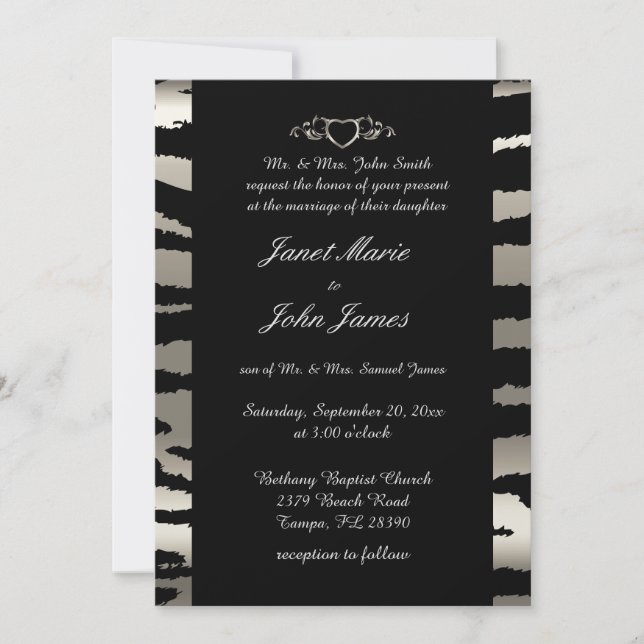 Stylish Wedding in Silver & Black Zebra Stripes Invitation (Front)