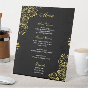 Stylish Wedding Menu Black Gold Pedestal Sign