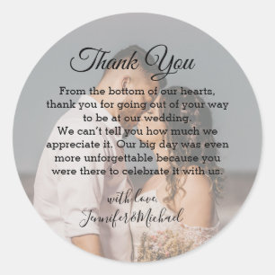 stylish wedding  photo classic script thank you  classic round sticker