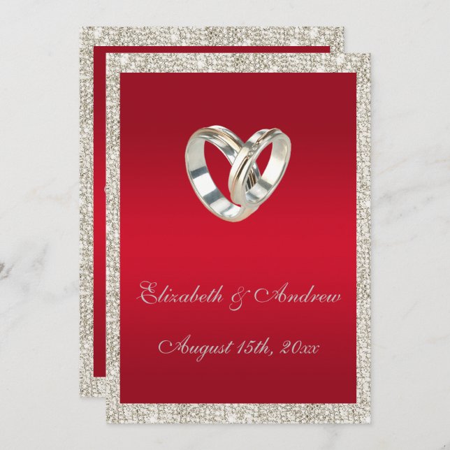 Stylish Wedding Rings, Ruby Red & Glitter Wedding Invitation (Front/Back)