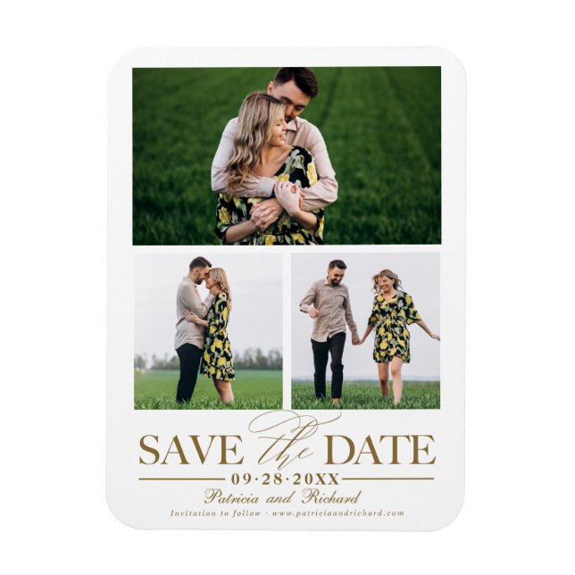Stylish Wedding Save The Date 3 Photo Collage Magnet (Vertical)