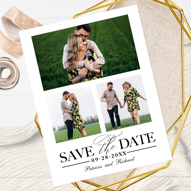 Stylish Wedding Save The Date 3 Photo Collage Postcard (Creator Uploaded)
