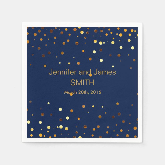 STYLISH WEDDING TABLE Blue Gold Conffeti Glitter Napkin (Front)