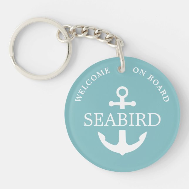 Stylish Welcome Aboard Turquoise Nautical Anchor Key Ring (Front)