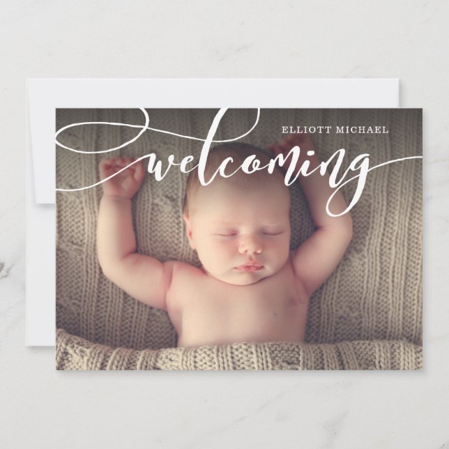 Stylish Welcoming Script Photo Birth Announcement (Front)