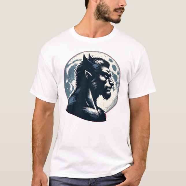 Stylish Werewolf Portrait T-Shirt with Moon Backgr (Front)