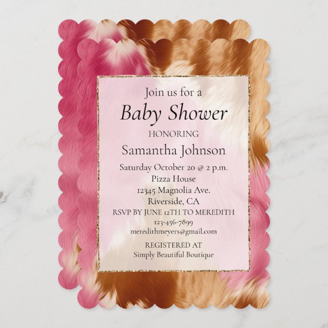 Stylish Western Pink Cream Gold Cowgirl Cowhide Invitation (Front/Back)
