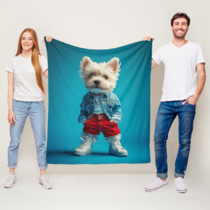 Stylish Westie Pup in Denim and Sneakers Fleece Blanket