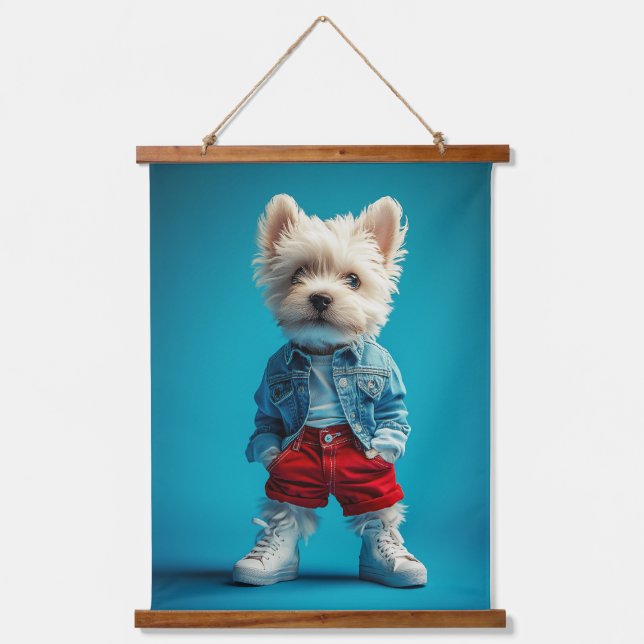 Stylish Westie Pup in Denim and Sneakers Hanging Tapestry (Front)