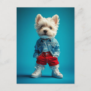 Stylish Westie Pup in Denim and Sneakers Postcard