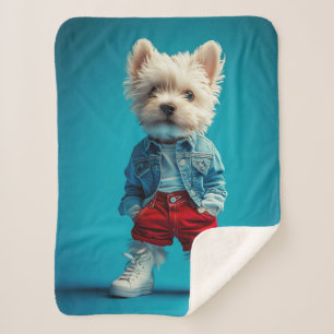Stylish Westie Pup in Denim and Sneakers Sherpa Blanket