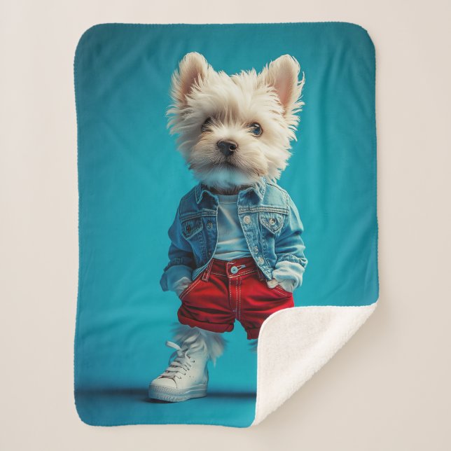 Stylish Westie Pup in Denim and Sneakers Sherpa Blanket (Front)