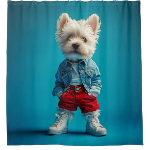 Stylish Westie Pup in Denim and Sneakers Shower Curtain