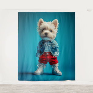 Stylish Westie Pup in Denim and Sneakers Tapestry