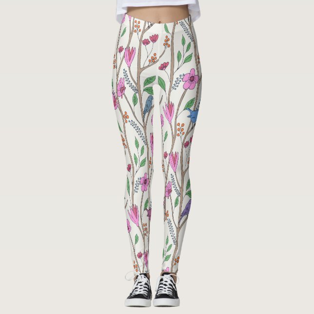Stylish Whimsical Birds and Flowers Leggings (Front)