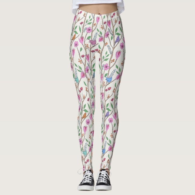 Stylish Whimsical Birds and Flowers Leggings (Front)