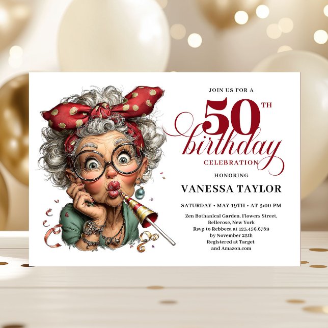 Stylish Whimsical Woman 50th Birthday Funny Cartoo Invitation (Stylish Whimsical Woman 50th Birthday Funny Cartoo Invitation)